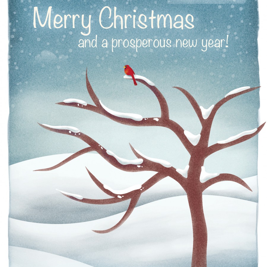 Christmas Card with Red Cardinal on Tree